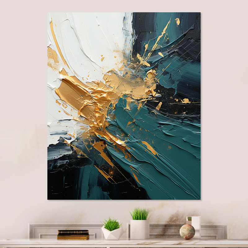 Or et vert cascade de marbre blanc V - art mural abstrait en métal, H 20 po x l 12 po x P 1 po