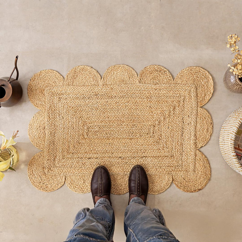 Tapis d'intérieur en jute naturel 60 x 90 cm, tressé, à bords festonnés, style bohème, tissé à la main, idéal pour la cuisine, la porte d'entrée, la chambre ou le hall d'entrée.