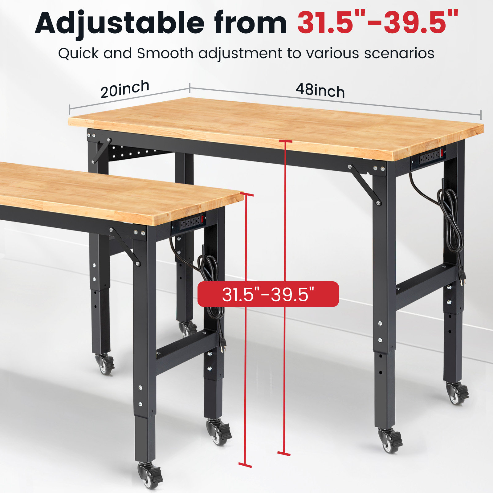 WFX Utility™ Workbench with Wheels 40/60 Inch Rubberwood Tabletop ...