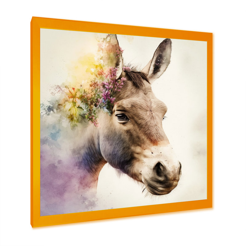 «Brown Portrait Donkey with Flowers I», reproduction d'art sur toile, H 24 po x l 24 po x P 1 po, Encadrement doré