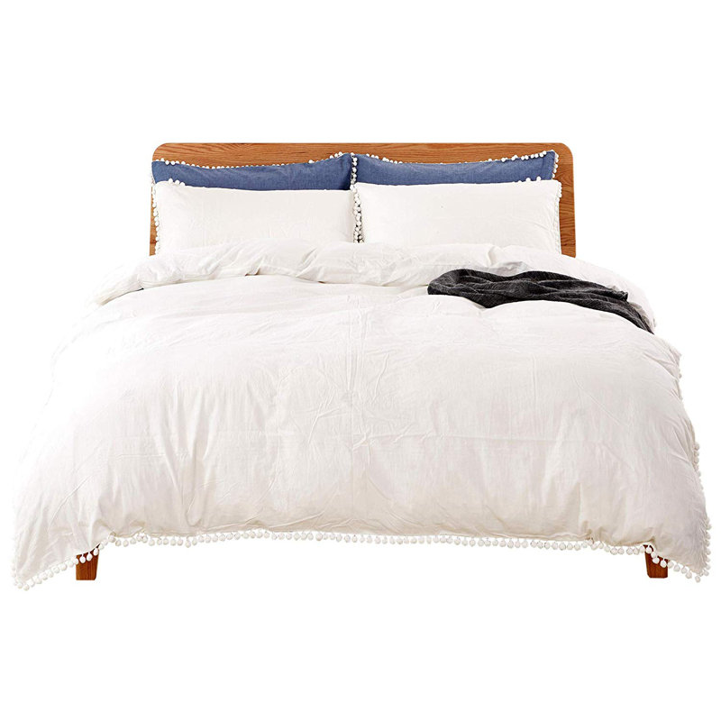 Duvet Cover_pompom Cotton Twill Duvet Cover, Queen Duvet Cover + 2 Pillow Cases, White