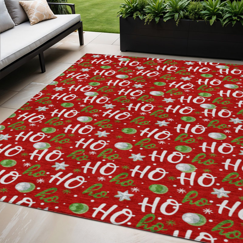 Tapis lavable intérieur/extérieur rouge, blanc et vert « Ho Ho Ho » de 152 x 244 cm