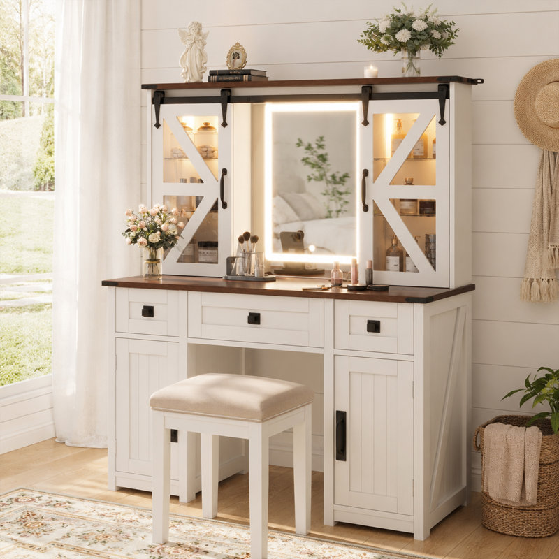  Rustic Farmhouse MDF and Tempered Glass Makeup Vanity Desk with Lighted Mirror and Charging Station