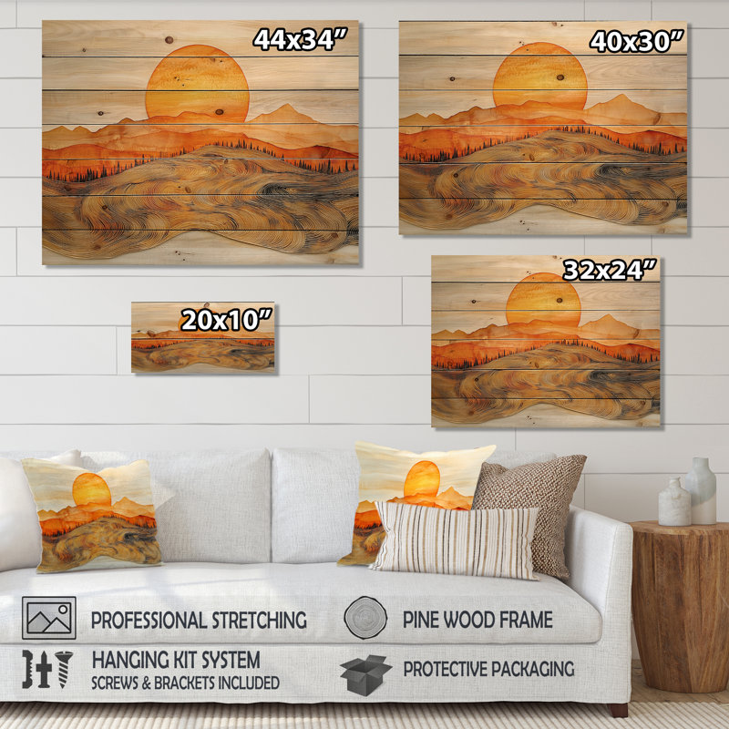 Lever de soleil sur un horizon de montagne en marbre - Art mural en bois forêt - sur bois de pin naturel