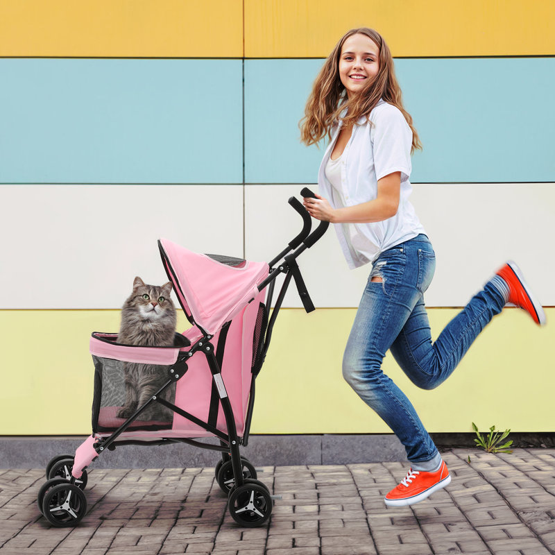 4 Wheel Folding Pet Stroller, Foldable Dog Jogger Stroller with Adjustable Canopy and Mesh Window, Pink