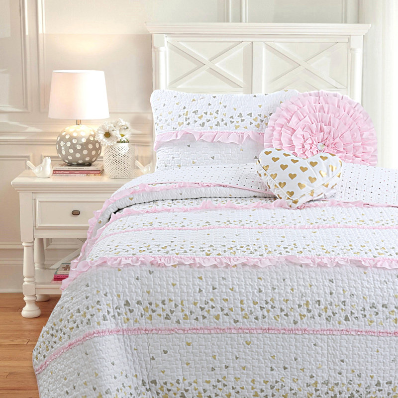 Pink and White Reversible Cotton Twin Quilt Set