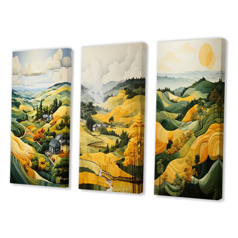 «Yellow and Green Pastoral Bold Landscape», 3 pièces, Toile tendue, H 28 po x l 36 po