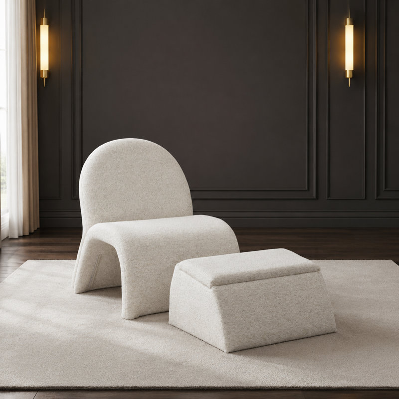 Fauteuil d'appoint sans accoudoirs moderne avec repose-pieds avec rangement, fauteuil à assise simple en tissu de chenille avec coussin en mousse haute densité, sièges peu encombrants