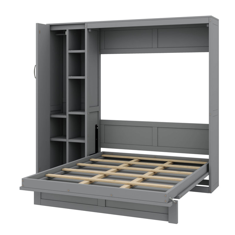 Full-Size Murphy Wall Bed Featuring Functional Shelves, Closet & Subtle LED Lighting, Gray, Full