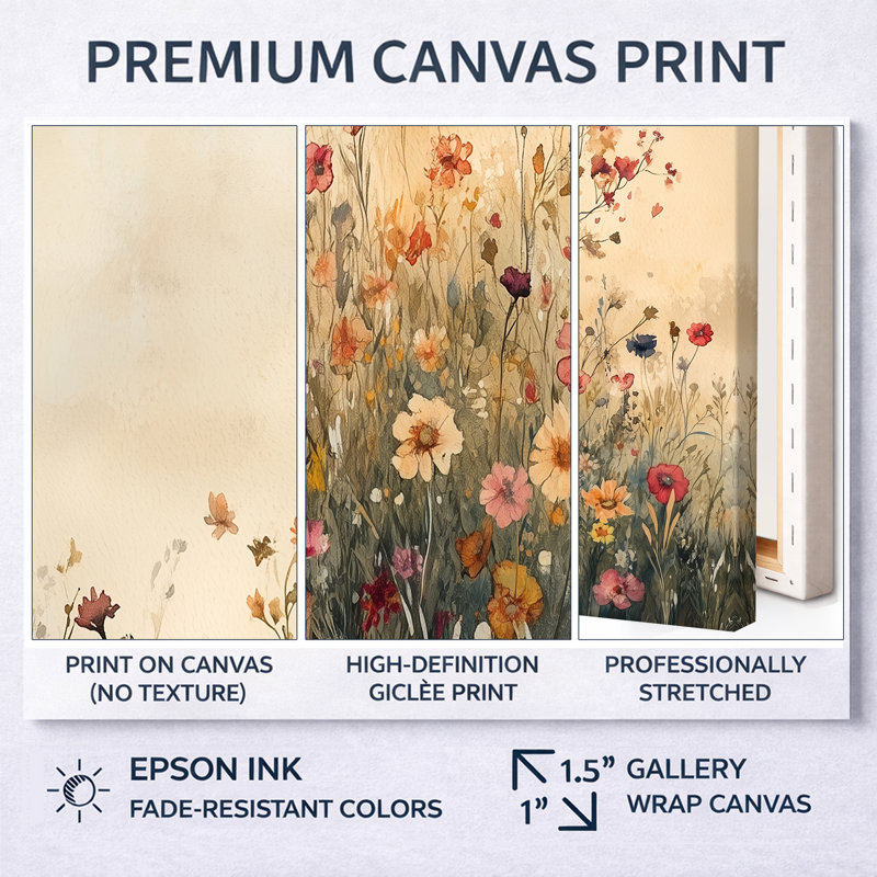 Art mural rouge, fleurs sauvages, toile d'été, H 28 po x l 60 po, Cadre flottant brun