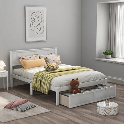 Solid Pine Platform Bed for Bedroom Use, Full Size, Classic White With Under-Bed Storage Drawers