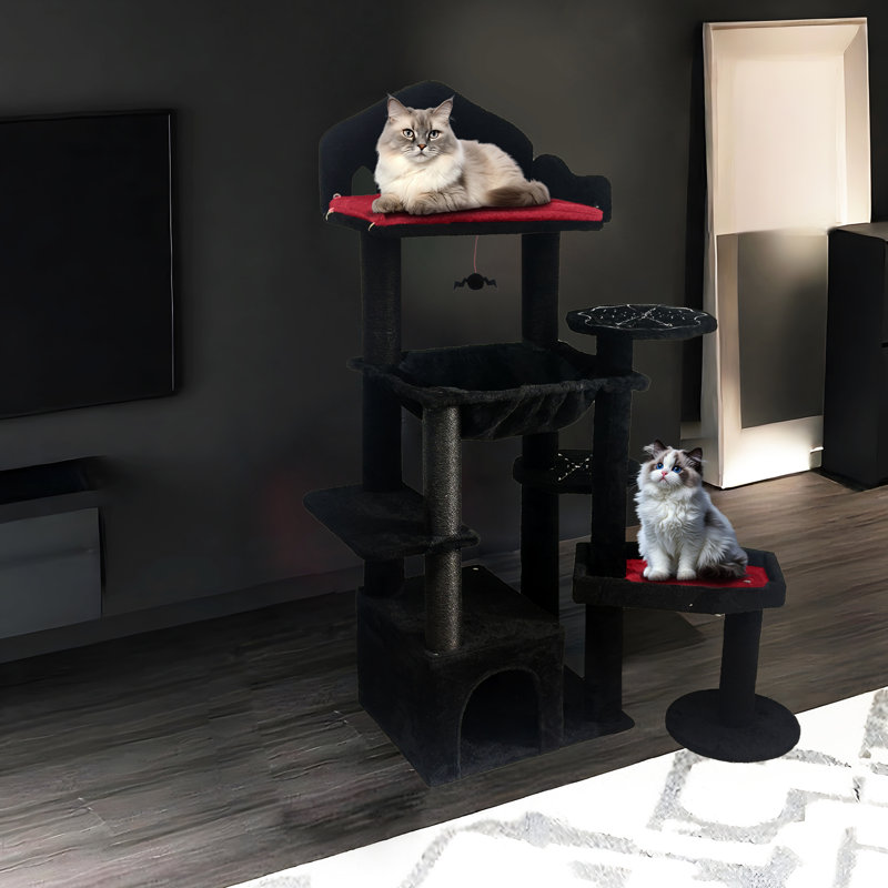 Cat Tree With Dark Aesthetic, Soft Bed, And Twine Covered Scratching Black Style, Clean - Looking Posts
