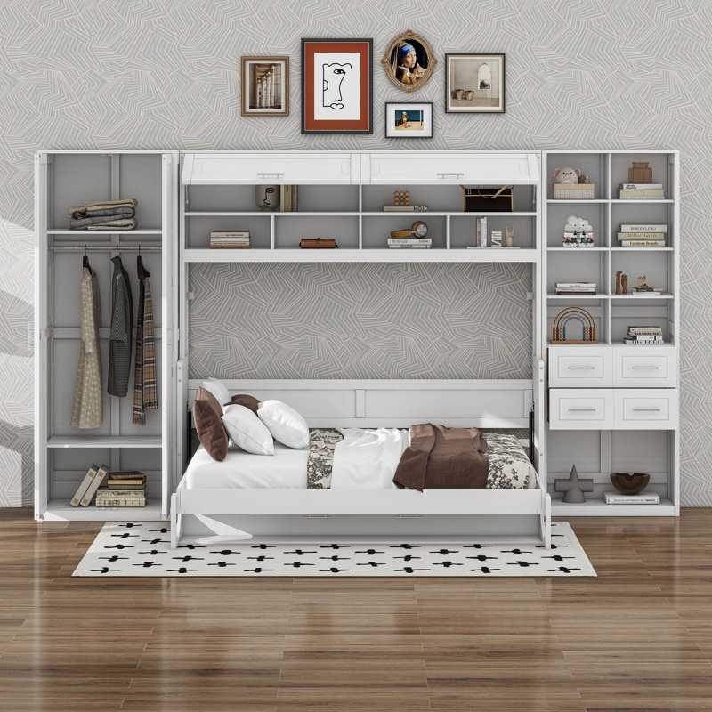  Lit escamotable Murphy avec placard, tiroirs et tablettes, Double, Blanc