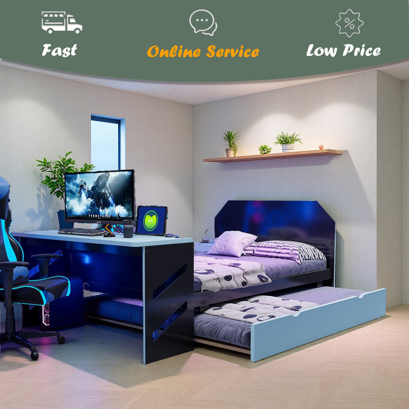Full Size Wood Daybed With Twin Size Trundle,Desk And USB, Blue