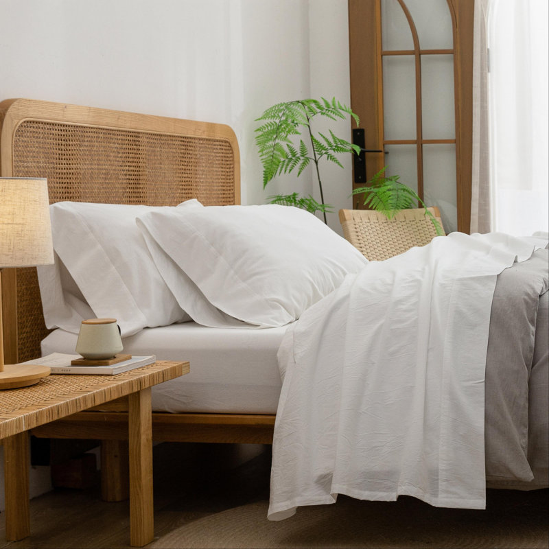 Ensemble de draps 100% coton délavé Bestouch BestOUCH, Ensemble de draps pour grand lit avec 2 taies d'or, Blanc cassé