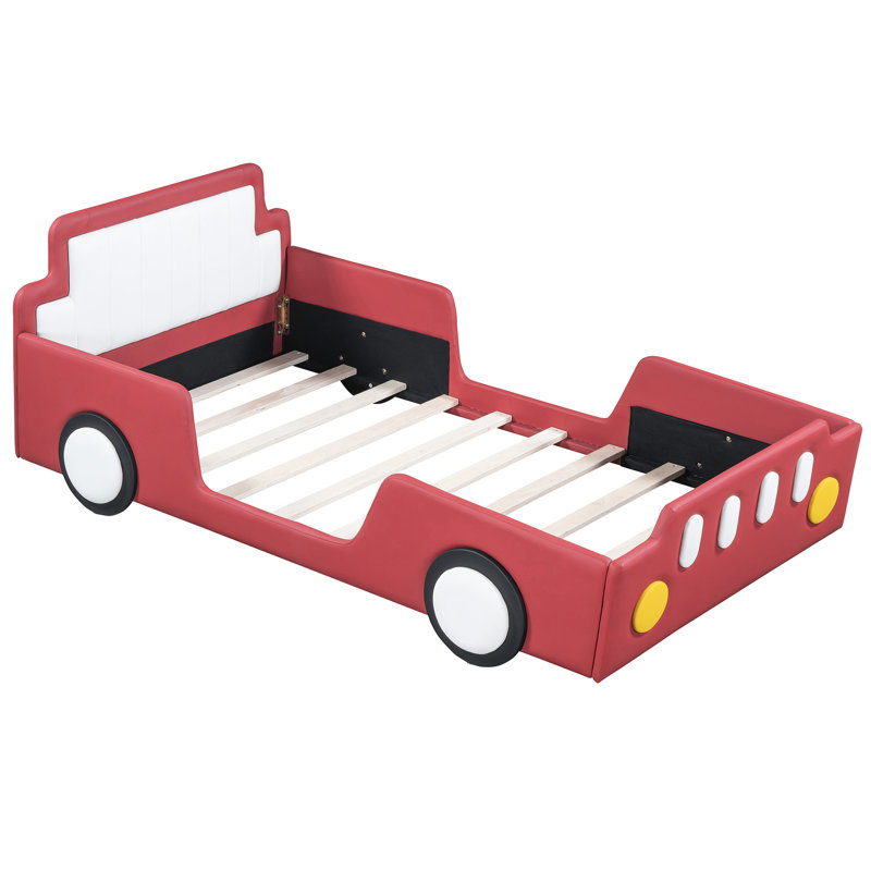 Lit simple avec plateforme en forme de voiture de course et roues fermes, rouge - roues de voiture à support solide en rouge, assurant un sommeil stable et confortable