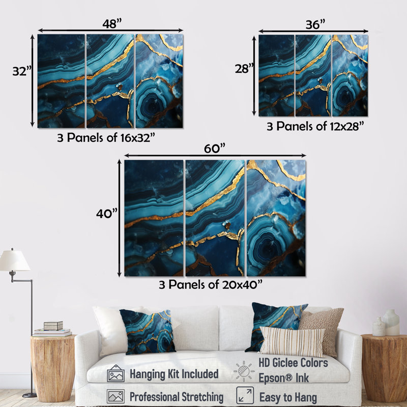 Agate sarcelle «Waves of Glam Gold I», ensemble d'art mural en marbre, Toile tendue, H 28 po x l 36 po x P 1 po