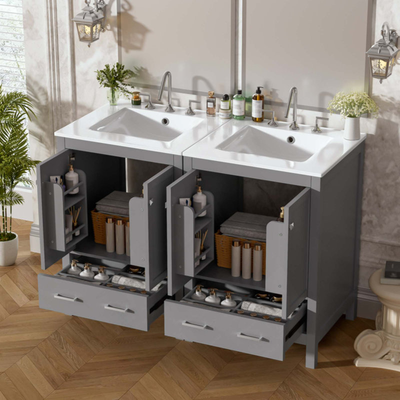 Meuble-lavabo de salle de bain avec lavabo encastré intégré, armoire de rangement, portes à fermeture en douceur, tiroir divisé et tablette à double couche pour un rangement polyvalent