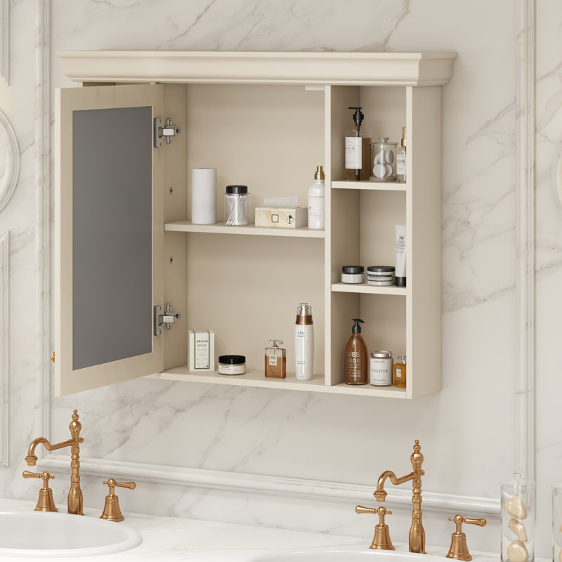 Armoire à miroir murale 35 "avec 6 tablettes ouvertes et tablette réglable, Naturel
