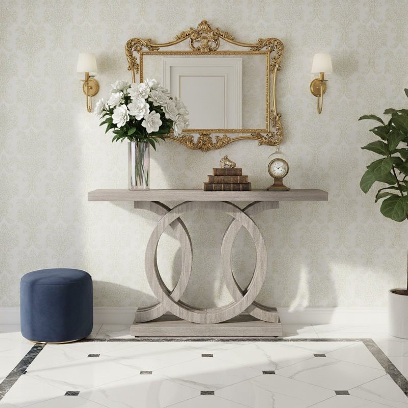 Console de 55 pouces avec base géométrique moderne dans des tons neutres pour le salon, le couloir et l'entrée