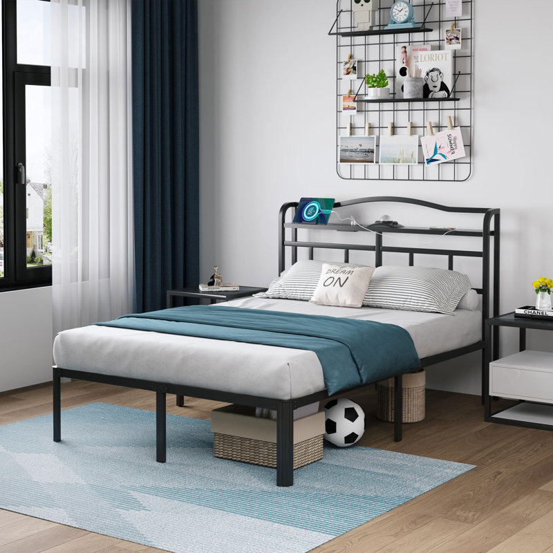 Metal Bed Frame 14 Inch With Headboard & Charging Station Galaxy Aurora Projector, Twin
