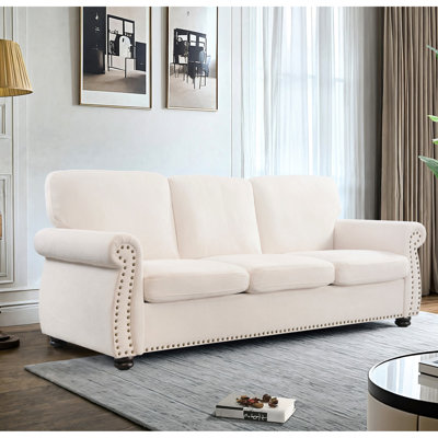 Velours spacieux, 3 places avec coussins en mousse, base en bois massif, pieds, décoration intérieure, look