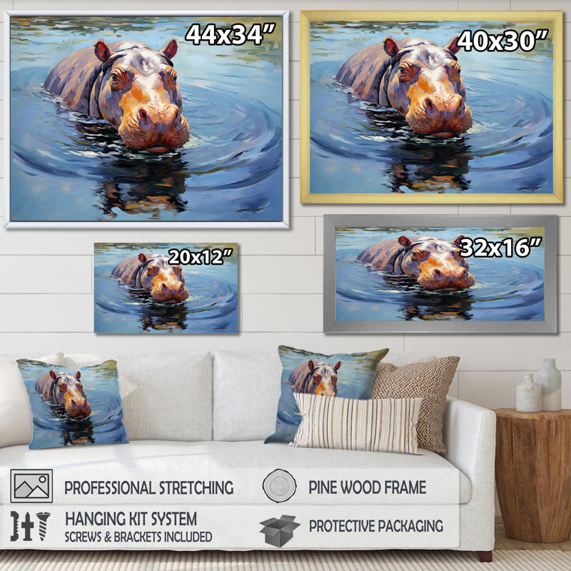«Curious water hippo - Hippopotamus», art mural, Cadre d'angle fermé noir, H 12 po x l 20 po x P 1 po