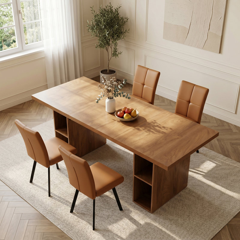 Ensemble de mobilier de salle à manger Mid-Century 4 places, grande table de salle à manger en grain de bois avec compartiments de rangement ouverts
