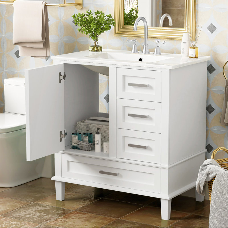 Ensemble de meuble-lavabo moderne avec ensemble lavabo 30 po, meuble-lavabo moderne avec porte à fermeture douce et 3 tiroirs, structure en bois massif (blanc)