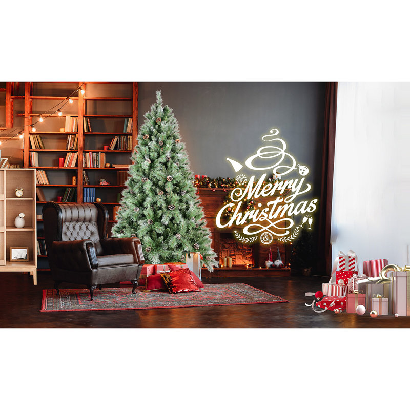 Arbre de Noël 7 pi avec 82 pommes de pin - 1348 pointes, branches mixtes en PVC et en aiguilles dures, structure à charnières pour une installation facile, support en métal robuste - arbre de Noël réaliste