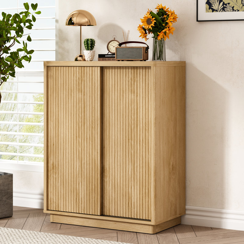 24 Pair Shoe Storage Cabinet With Fluted Sliding Door 6-Tier Shelves Freestanding Shoe Rack, Natural Wood