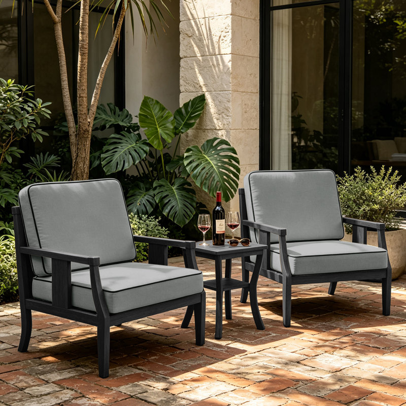 Ensemble de patio extérieur en teck pour deux personnes avec coussins et table d'appoint Chaffins, Gris, Noir