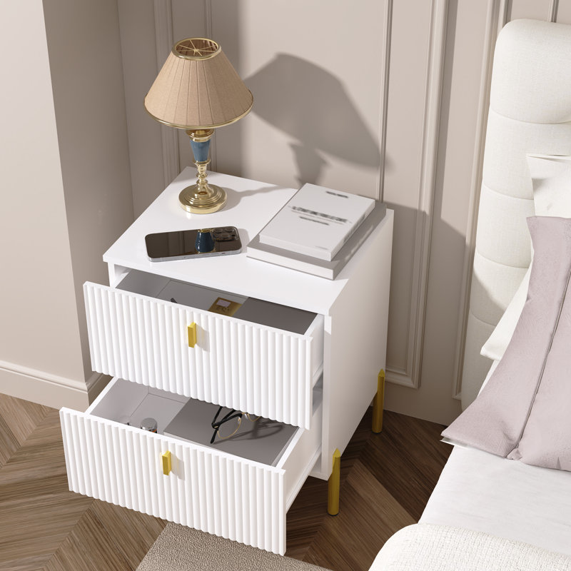 Luxury Fluted Night Stand, Nightstand With 2 Drawers, Modern Bedside Table With Golden Legs And Handles, End Tables For Living Room Bedroom