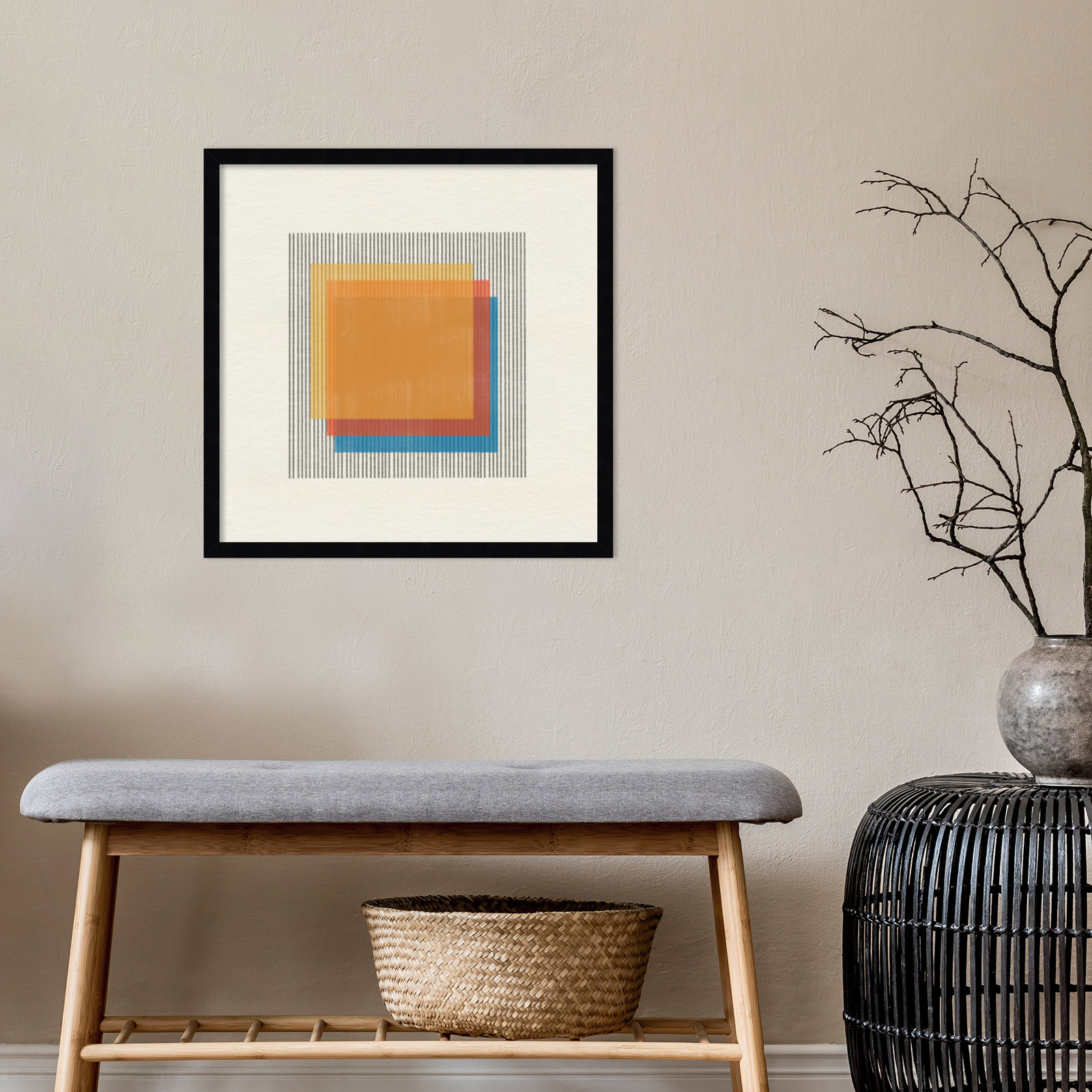 Midcentury Modern Squares No 1 Print, 21" H x 21" W x 1" D, Black Framed