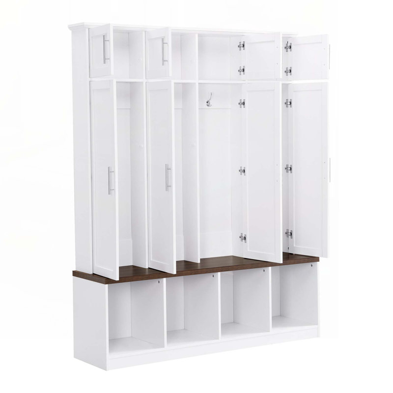 Hall Tree with 4 Hanging Hooks, Wood Grain Bench with Multiple Storage Space, White