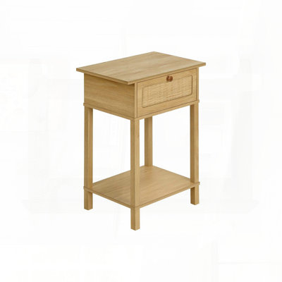 2-Tier Accent Table with Rattan Panel Drop-Down Door – Natural Laminate