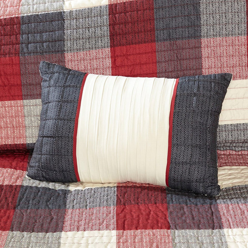 Courtepointe 6 pièces, chevrons imprimés, très grand / très grand, rouge, motif écossais Buffalo, tissu à chevrons, 2 taies décoratives assorties, 3 coussins décoratifs, broderie faite à la main, sensation champêtre rouge pour très grand lit,