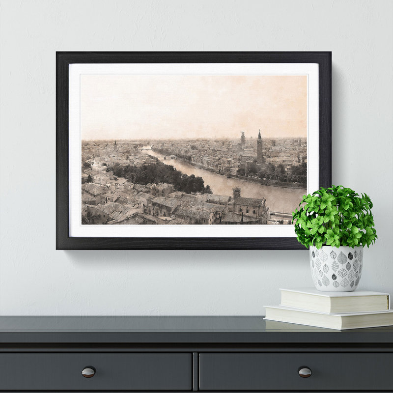 Skyline of Verona Italy - Picture Frame Painting Print, Black Framed, 62cm H x 87cm W x 2cm D