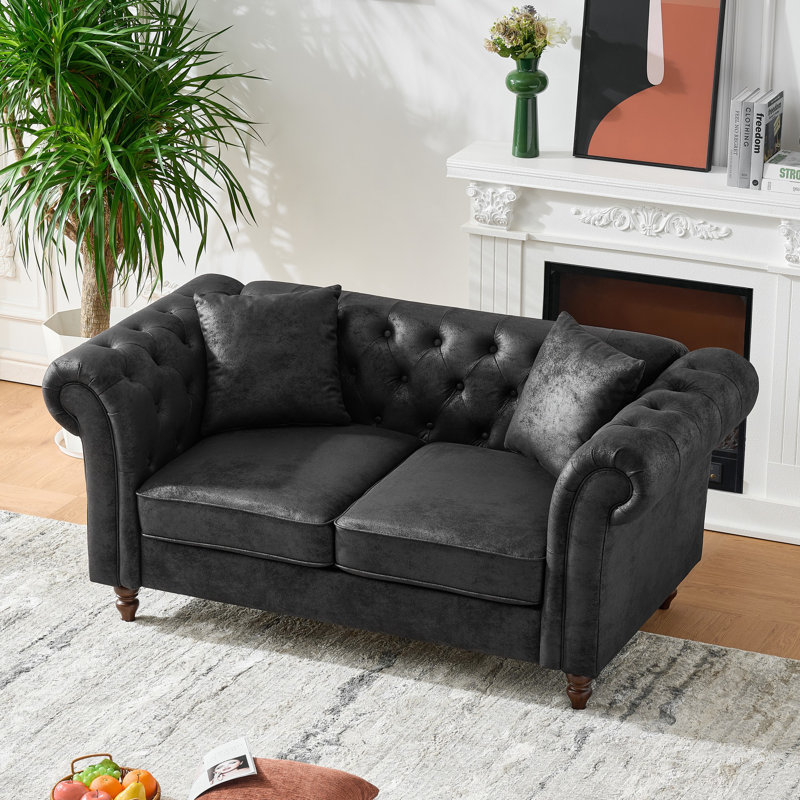 Lunell Chesterfield Sofa with Plush Comfort, Durable Tech Fabric, 29" H x 63" W x 33" D, 2, Black