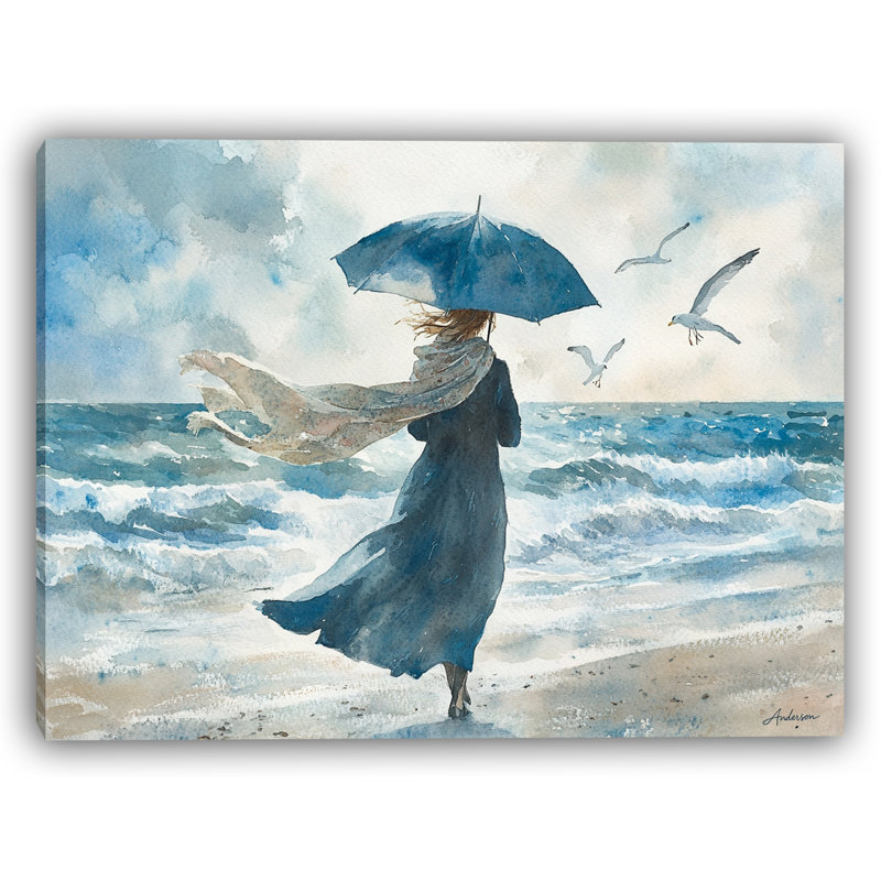 «Stormy Rain Walk» - Art mural aquarelle, H 24 po x l 36 po
