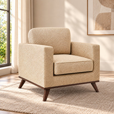 Fauteuil d'appoint Khadeshia de style moderne du milieu du siècle, en maille, avec pieds robustes en bois de bouleau. Parfait pour la lecture, la chambre ou le bureau.