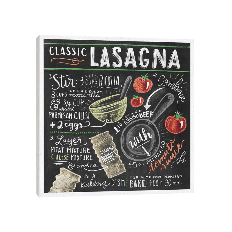 Lasagna Recipe - Print on Canvas, 66.04cm H x 66.04cm W x 3.81cm D, White Floater Framed