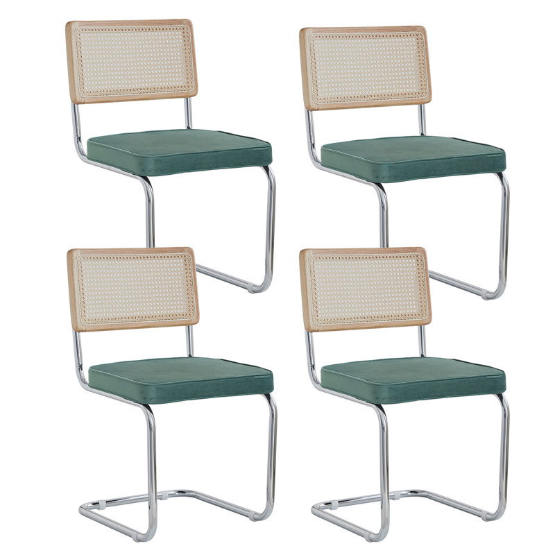 Chairs - Scandinavian Velvet Dining Chair - Rattan Back Chair - Metal Legs, 4, Green