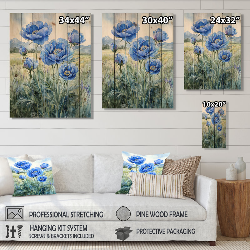 Ocean Blue Peonies In The Field I - Peonies Wood Wall Decor - On Natural Pine Wood, 44" H x 34" W x 0.78" D