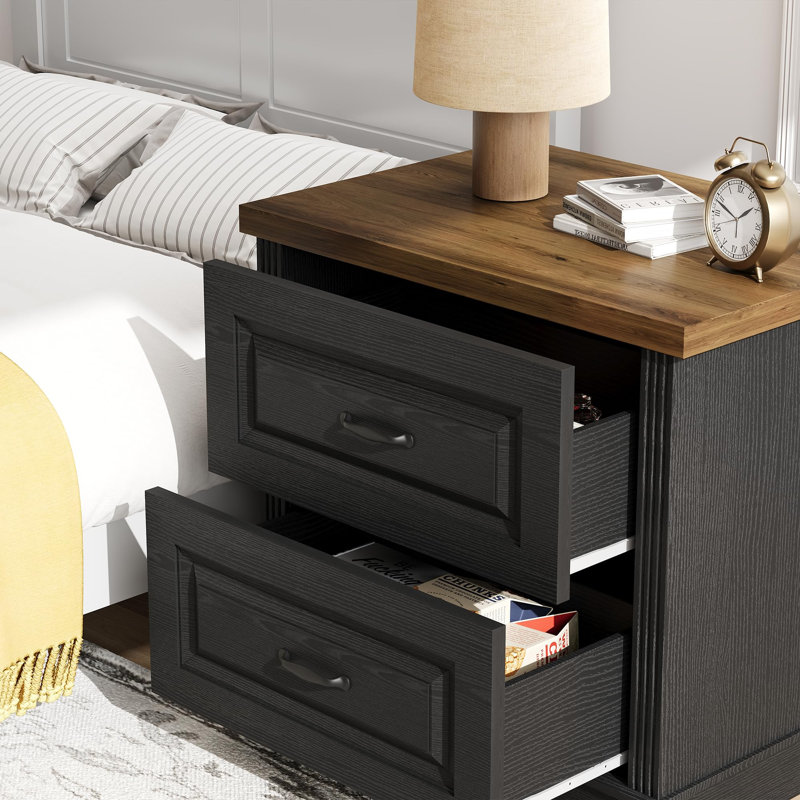 Ensemble de lit plateforme en velours avec lattes en bois et ensemble de table de chevet noir rustique avec deux tiroirs