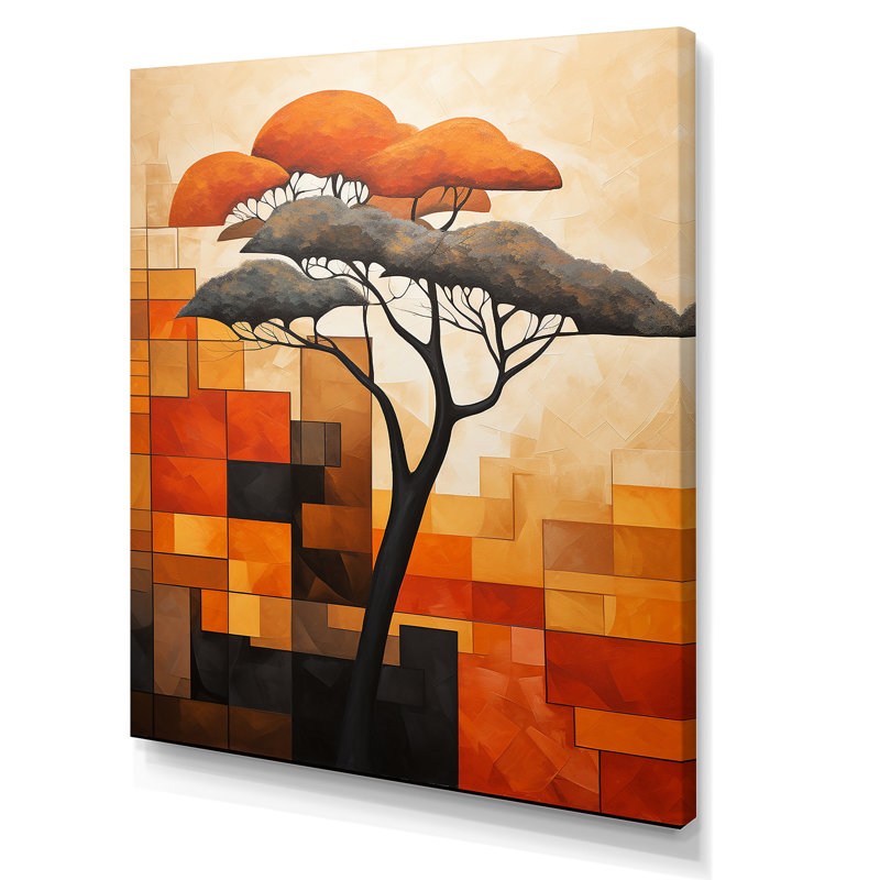 Cubist African Tree Landscape 1 - Art mural africain, Toile tendue, H 32 po x l 16 po x P 1 po
