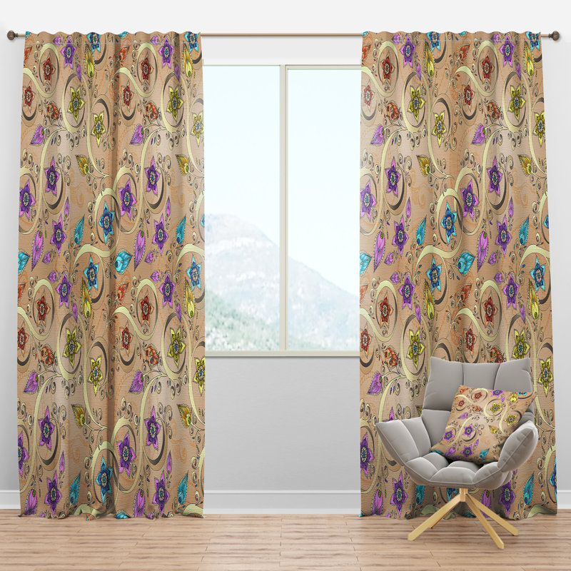 Ornamental Colored Floral Pattern with Flowers - Farmhouse Curtain - Velvet Room darkening - 1 panel, 52" W x 120" L