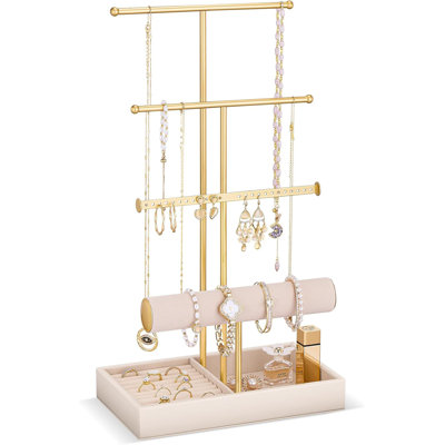 Très grand support à bijoux en forme de tige en métal avec plateau à anneaux en suède