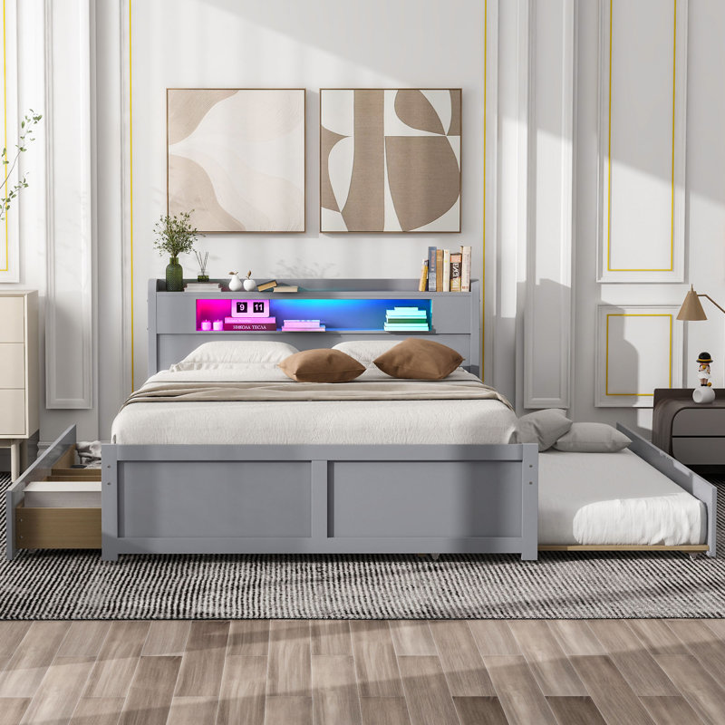Lit plateforme avec rangement en bois avec DEL, Gris