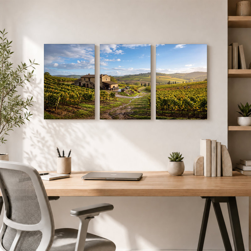 «Stone Farmhouse Amidst Rolling Vineyard Hills», ensemble de 3 toiles murales, H 30 po x l 20 po x 3 pièces